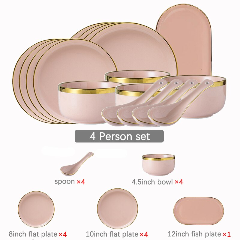 Pink Ceramic Dinner Plates Dishes Tableware Set Cake Food Plates Salad Soup Bowl Dinnerware Set for Restaurant Hotel