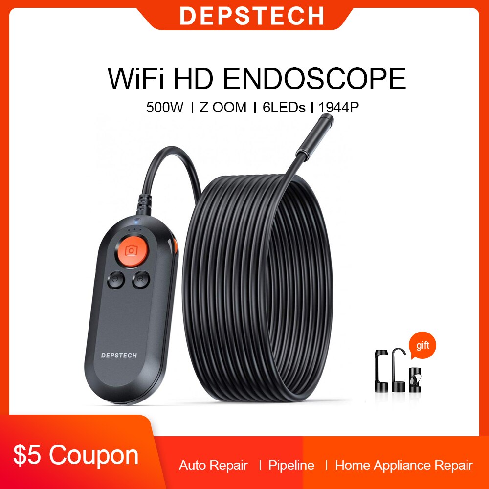 Depstech 2.0mp 5.0mp wifi endoskop hd inspektionskamera trådløst slangekamera 6 led borescope til android & ios