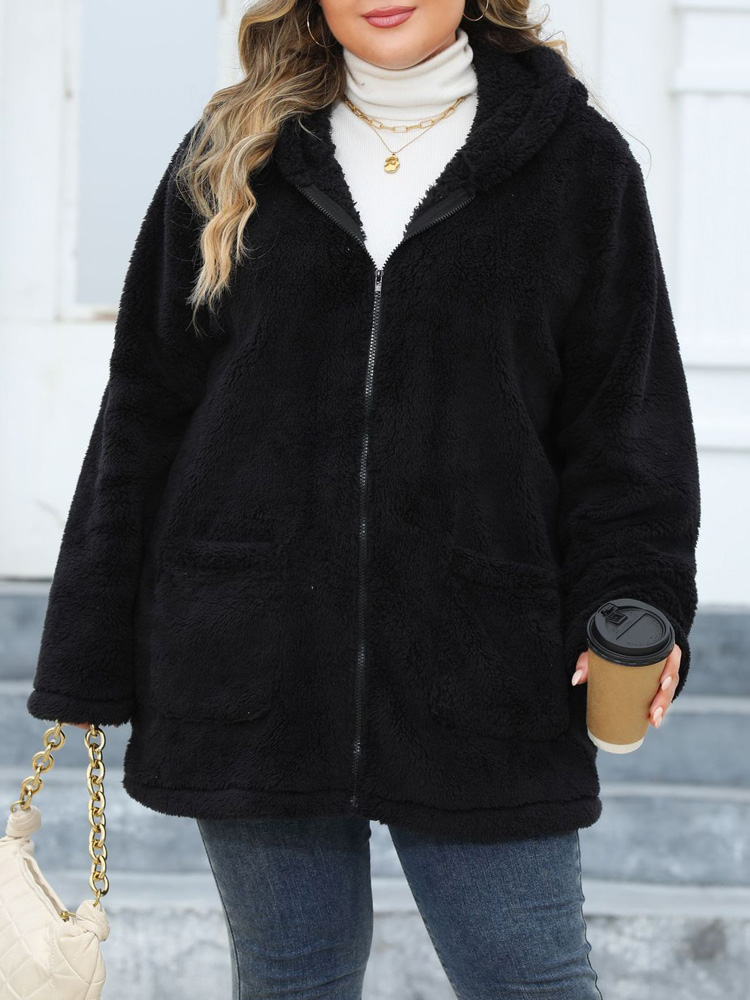 Gibsie plus size efterår vinter hættetrøje plys fleece teddyjakke kvinder lommer afslappet solid lynlås imiteret pelsjakke varmt overtøj: 1xl / Sort