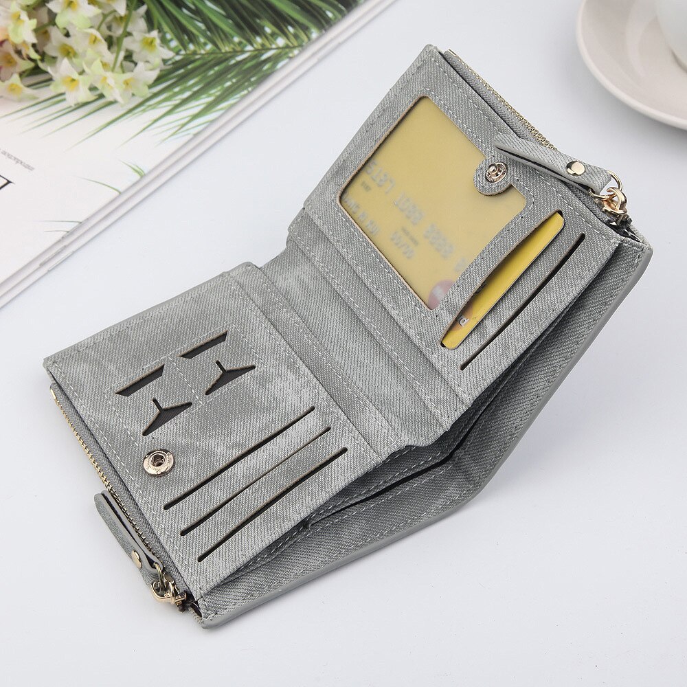 Dames portemonnee met retro canvas patroon, multifunctionele kaarthouder, twee vouwsluitingen, dubbele rits, mini portemonnee