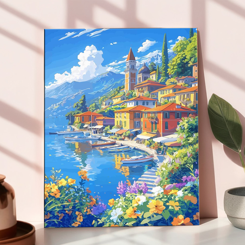 Schilderen op nummer Kits Italiaanse kuststadscène Artistieke achtergrond Digitaal olieverfschilderij Landschap Kleuren Artcraft Handverf
