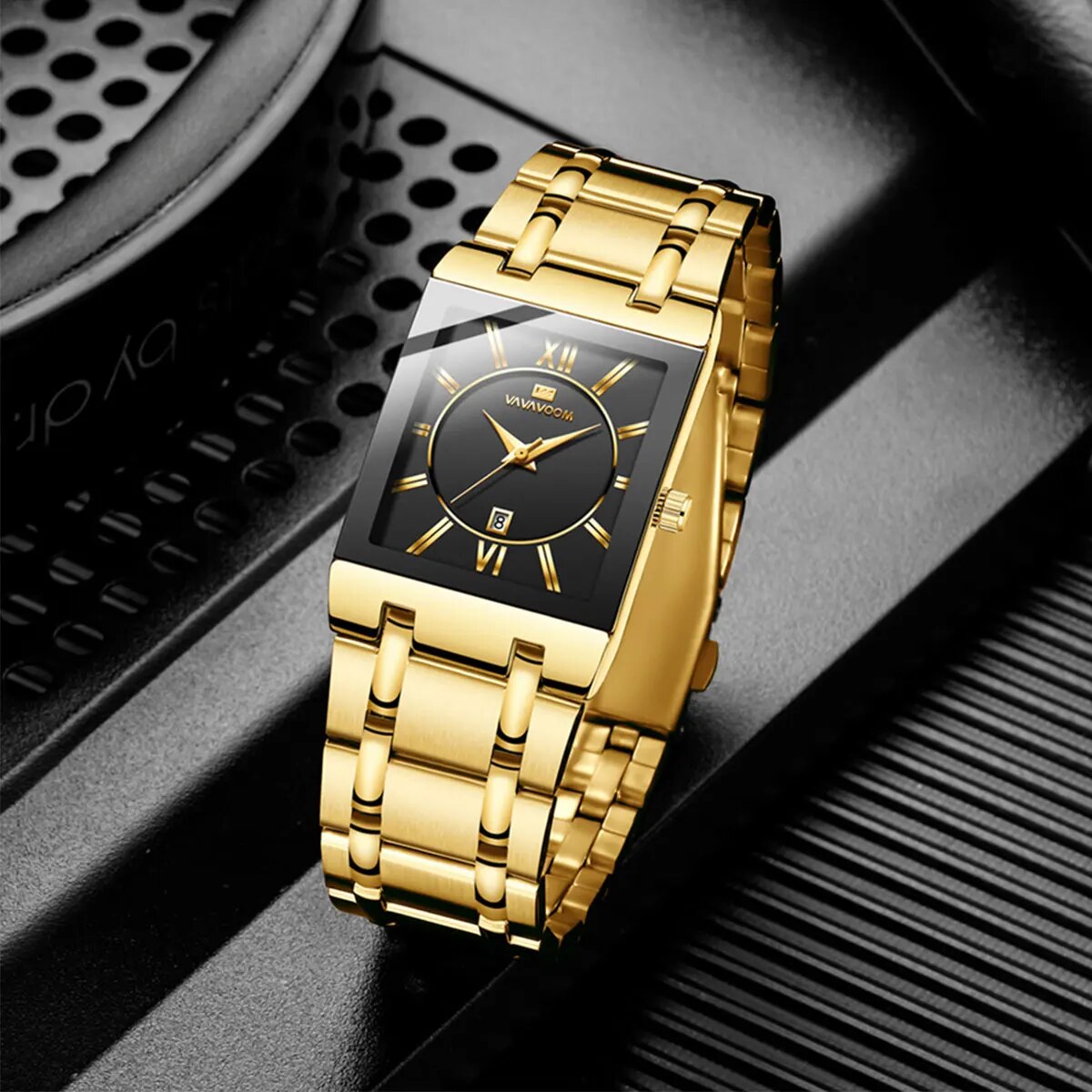 Heren zakelijk horloge Eenvoudig Luxe mode Rechthoekig Zwart Goud Roestvrij staal Kalender Waterdicht Quartz Herenhorloges