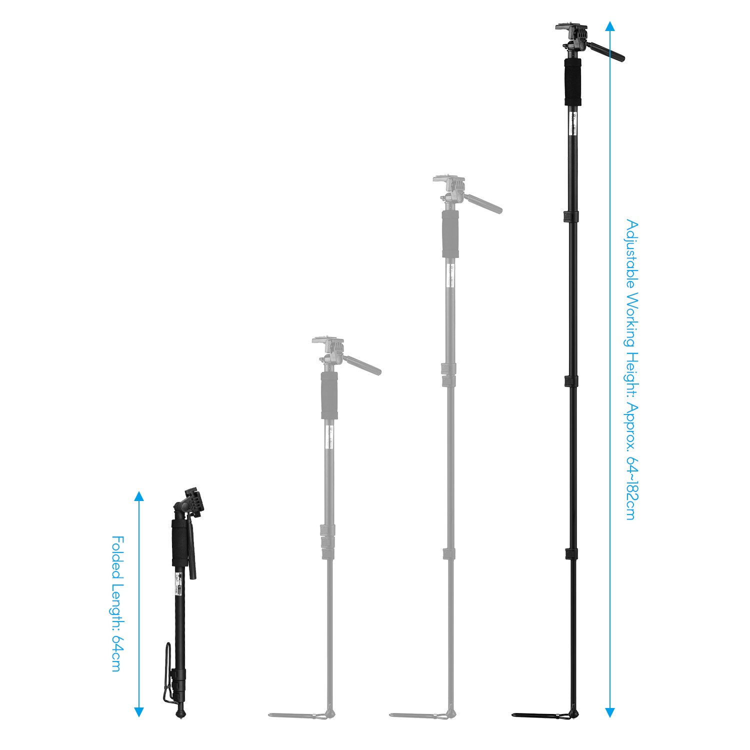 Portable Extendable Camera Monopod Stick Unipod Stand 4-Section 182cm/71in 360° Horizontal 90° Foldable Longitudinal Rotatable