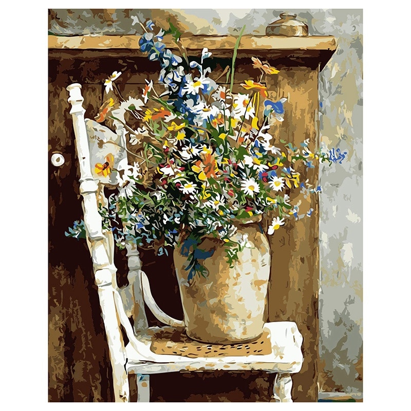 Måla med siffror gör-det-själv målarkit i akryl för barn och vuxna 40 x 45cm vilda blommor krukor stol med 3 penslar: Default Title