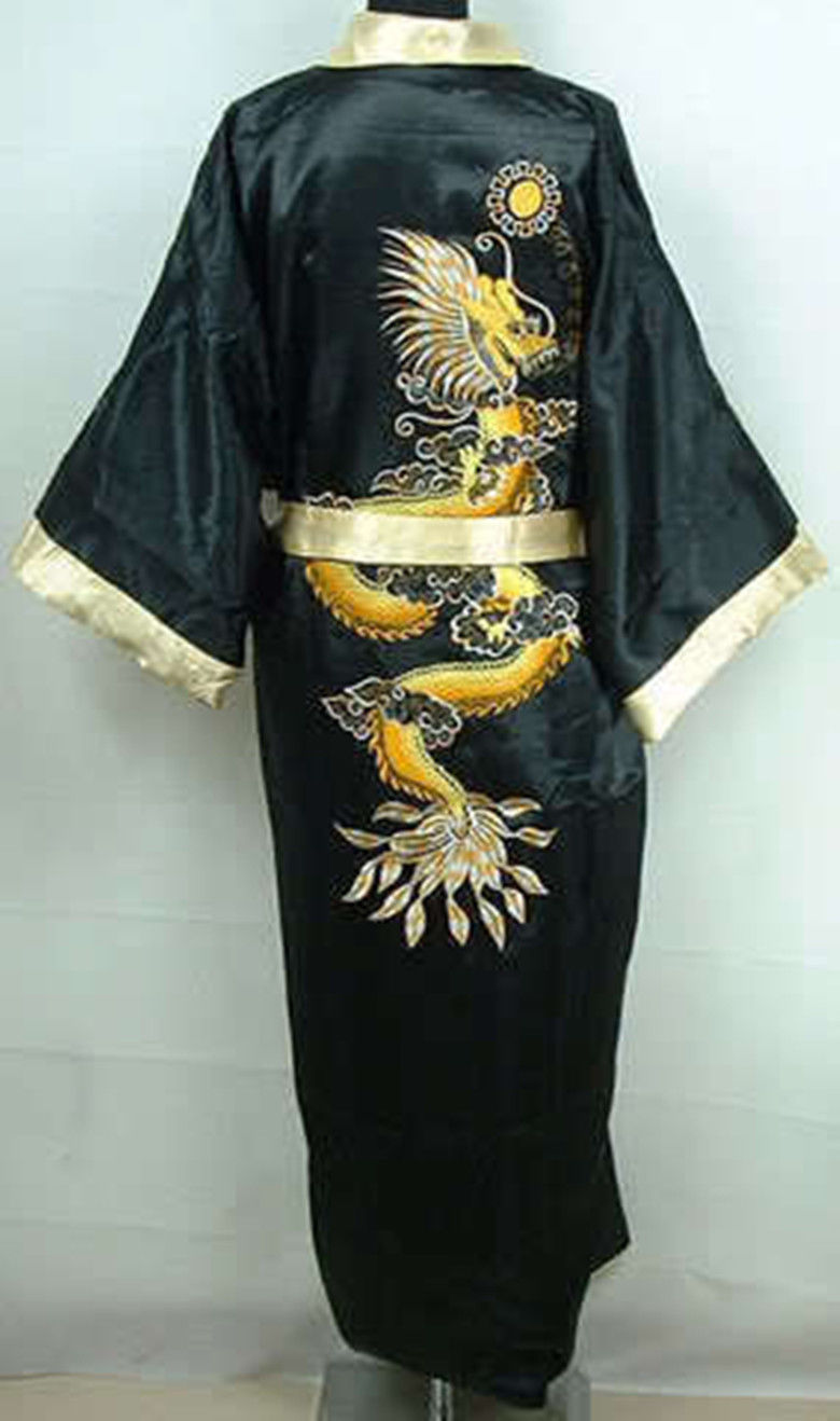 Golden Double-Side Embroidery Dragon Male Long Robe Chinese Men Silk Satin Men's Dragon Kimono Robe Gown Reversible Bathrobe