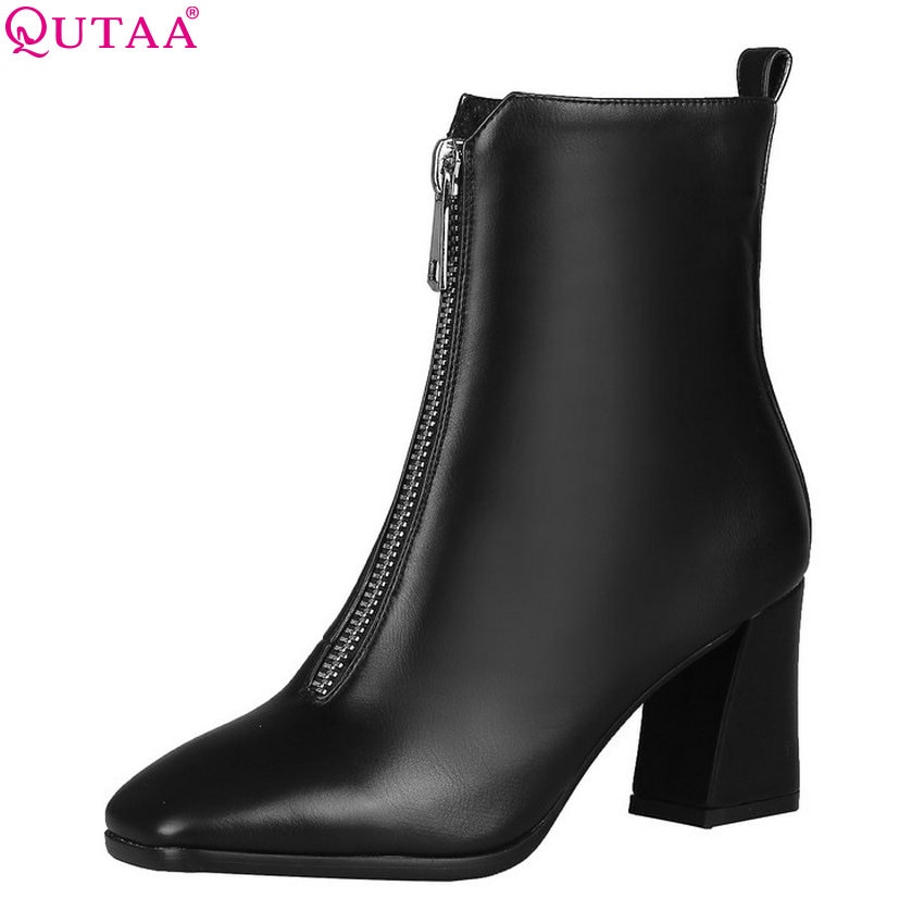 Qutaa Vrouwen Enkellaarsjes Vierkante Hoge Hak Winter Laarzen Mode Vrouwen Schoenen Pu Leer Rits Casual Vrouwen Laarzen Maat 34-43