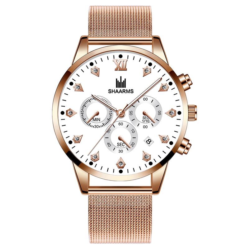 SHAARMS Men's Wristwatch Blue DialCasual Quartz Watch Stainless Steel Mesh Band Watch Date Clock Reloj Hombre: Rose Gold White