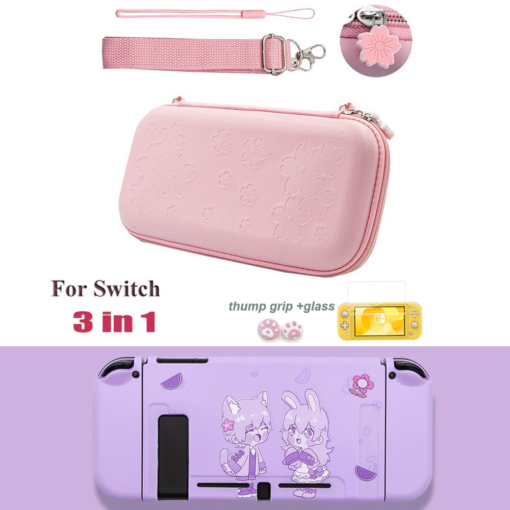 Cute Pink Sakura portable Storage Bag Travel Carry Case Cover for Nintendo switch game Accessories+TPU case: 3 IN 1 C