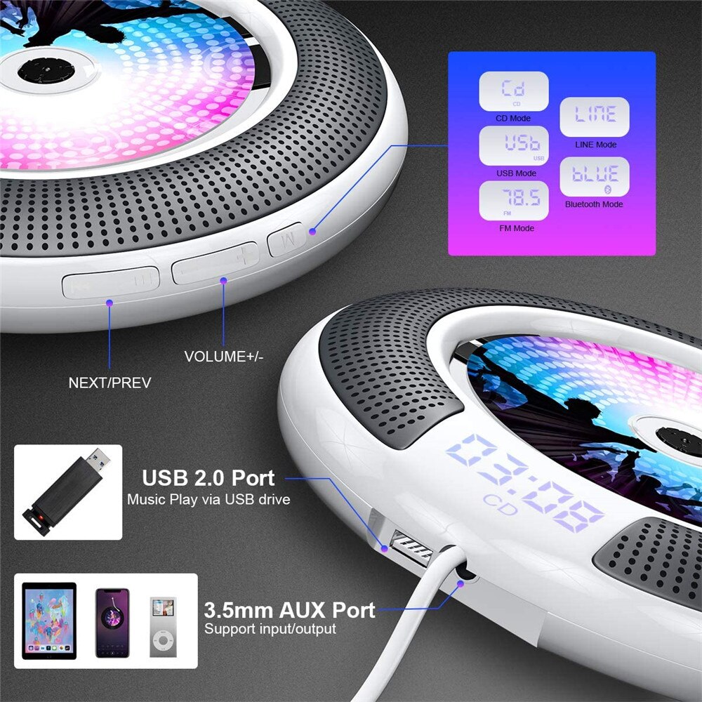 Home Stereo Wall Mounted CD Player With Bluetooth Remote Control Audio FM Radio HiFi Music Built-in Speaker Discman Lecteur CD