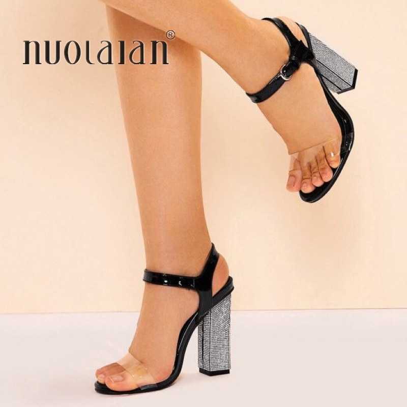 Zomer sandalen met strass steentjes, hoge hakken, dames sandalen, open teen, enkelbandje, gesp, dames sandalen met hoge hakken