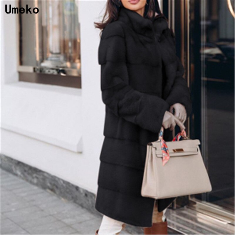 Umeko Elegante Effen Faux Vos Bontjas Vrouwen Winter Mode Medium Kunstmatige Vos Bontjas Vrouw Warm Nep Vos Bont jassen Vrouwelijke