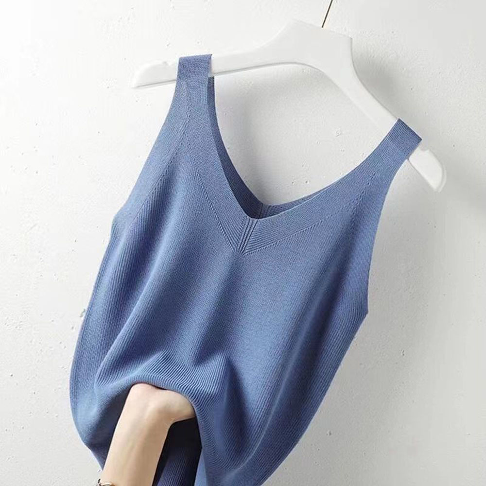 Plus Gebreide Tank Top V-Hals Ijs Zijde Mouwloze 2024 Zomer Kleding Vesten Voor Vrouwen Koreaanse Mode Losse Elegante Casual Cami Top: Blauw