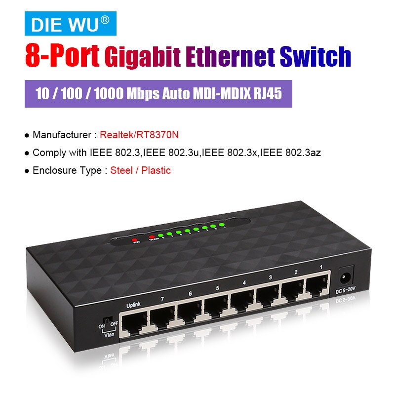 TXE099 8-Poort Gigabit Ethernet Onbeheerde Switch Thuis Netwerk Hub, Kantoor Ethernet Splitter, plug-En-Play Met Vlan Switch