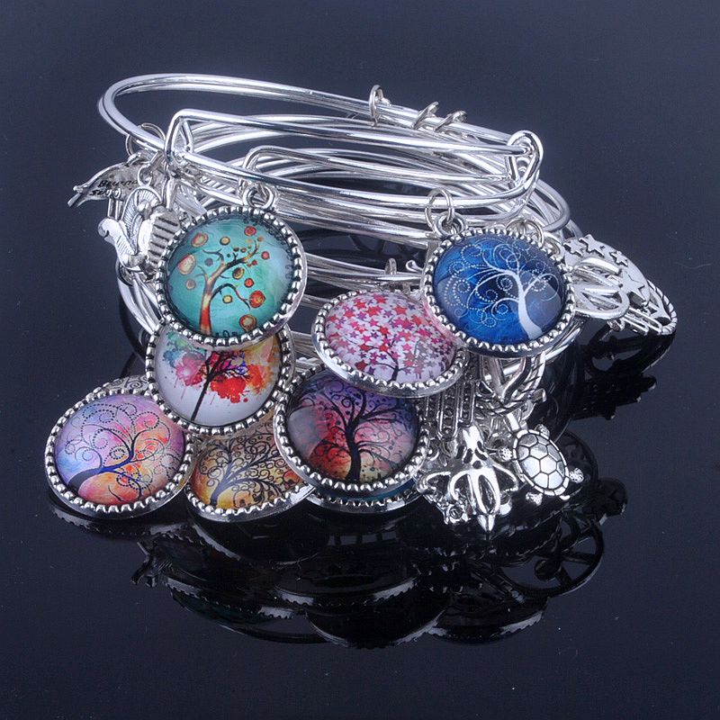 18 Styles Cabochon Dome Tree of Life charms Bracelet Adjustable Expandable Wire Bangles for Women Fine Jewelry B013