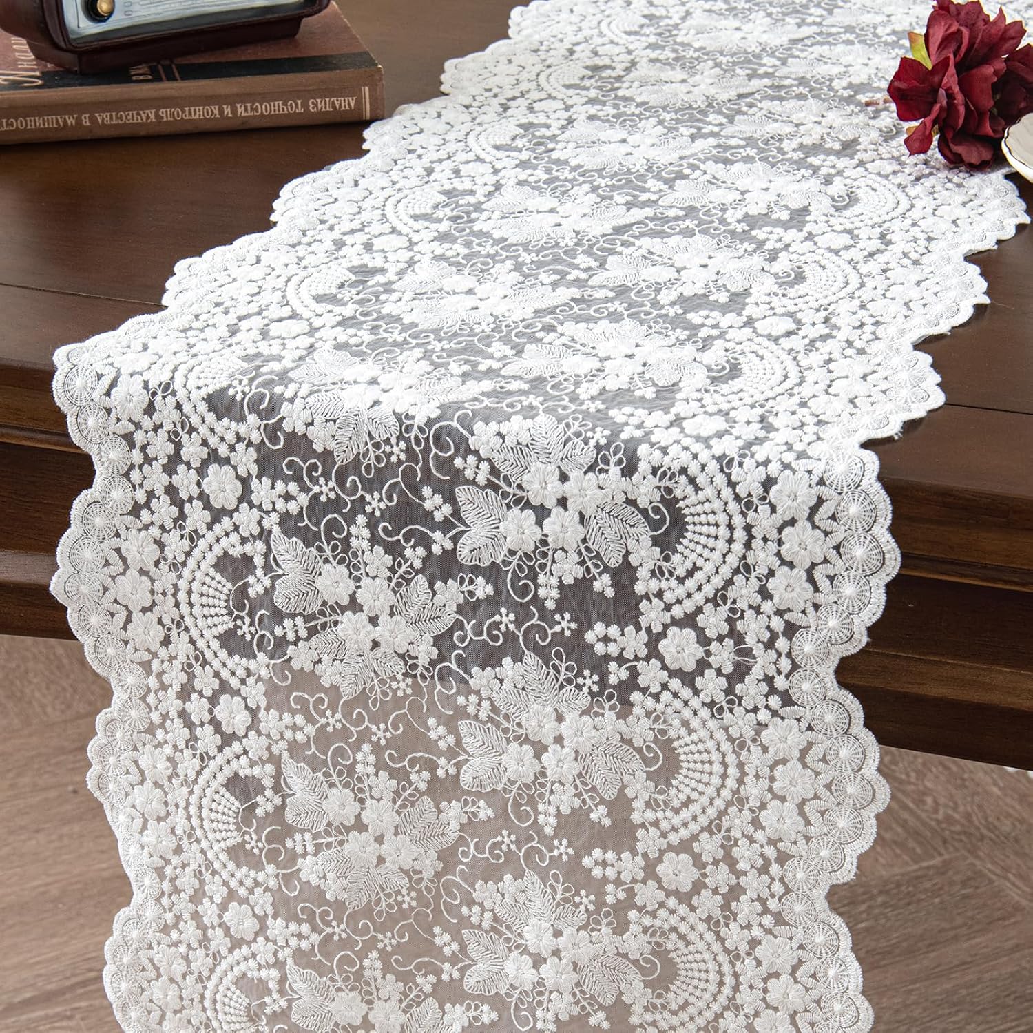 White Lace Table Runner Embroidery Cotton Lace Fabric Table Cover Floral Lace Table Runner Vintage Wedding Tea Party Decor