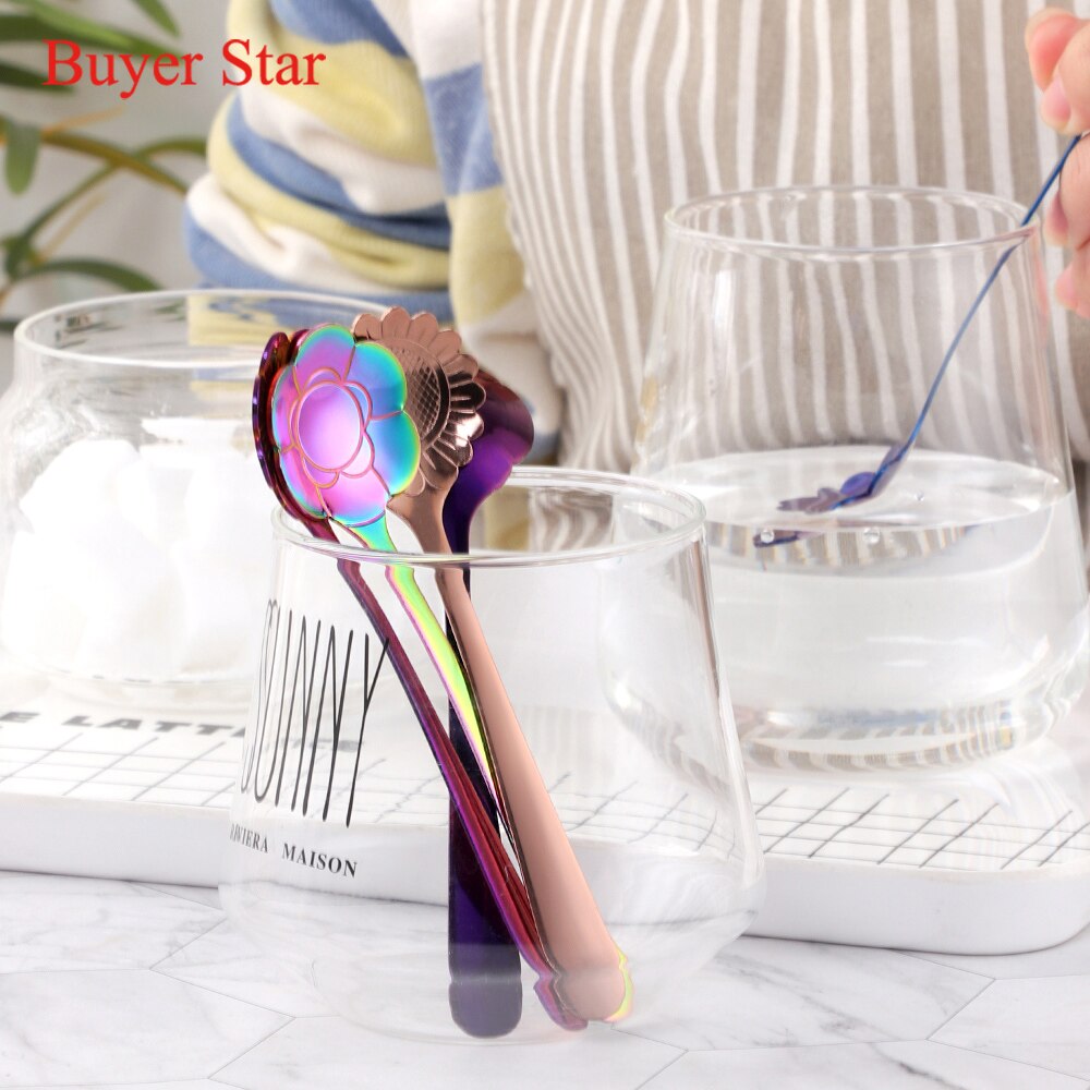 8PCS Mini Cute Flower Stainless Steel Teaspoon Coffee Metal Golden Soup Dessert Spoon Tablespoon Dessert Spoons Kitchen Utensils