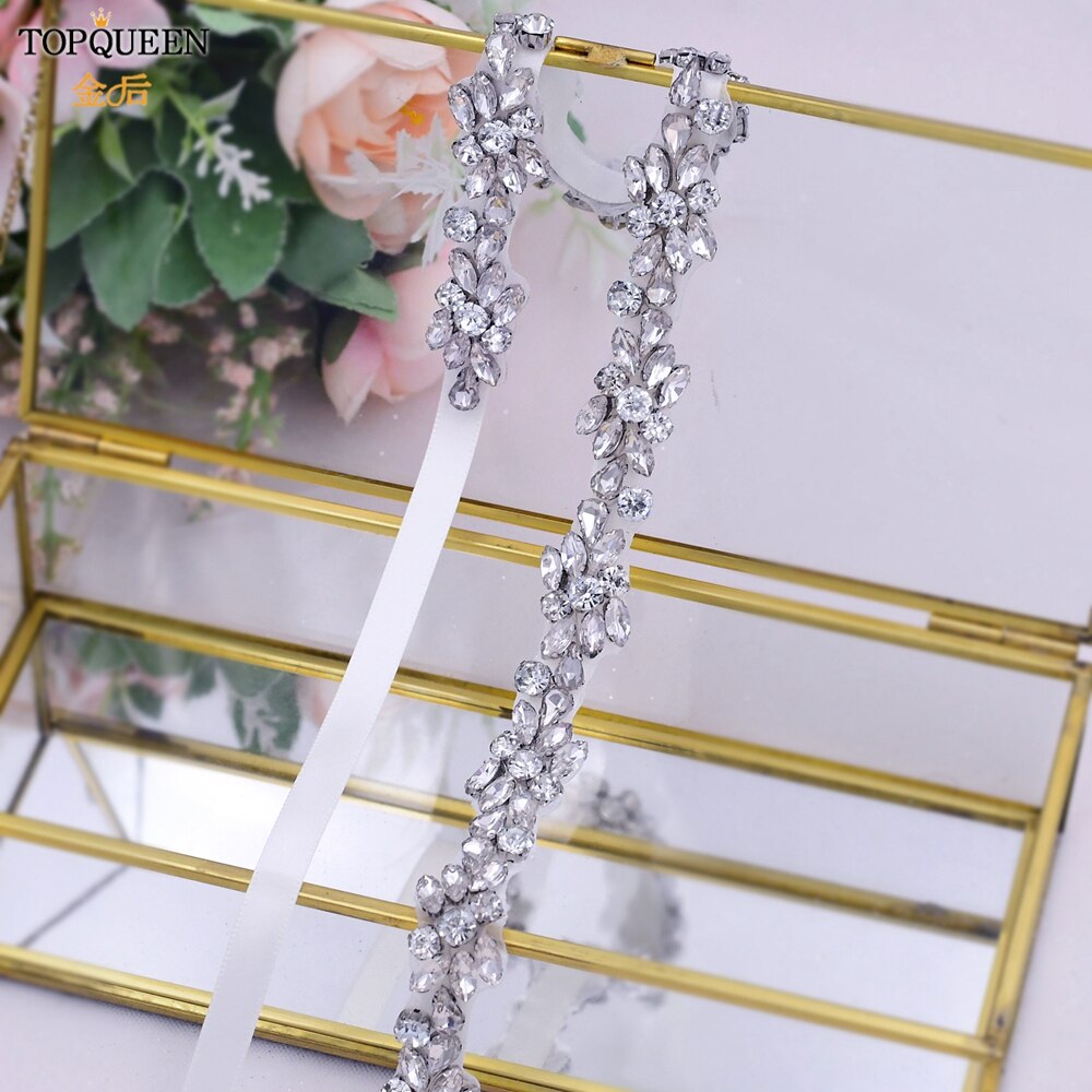 TOPQUEEN-Cinturón de lujo para novia, faja con apliques de diamantes de imitación para vestido de boda, cinturones de joyería, cinturón de Vestido plateado brillante, S437-S