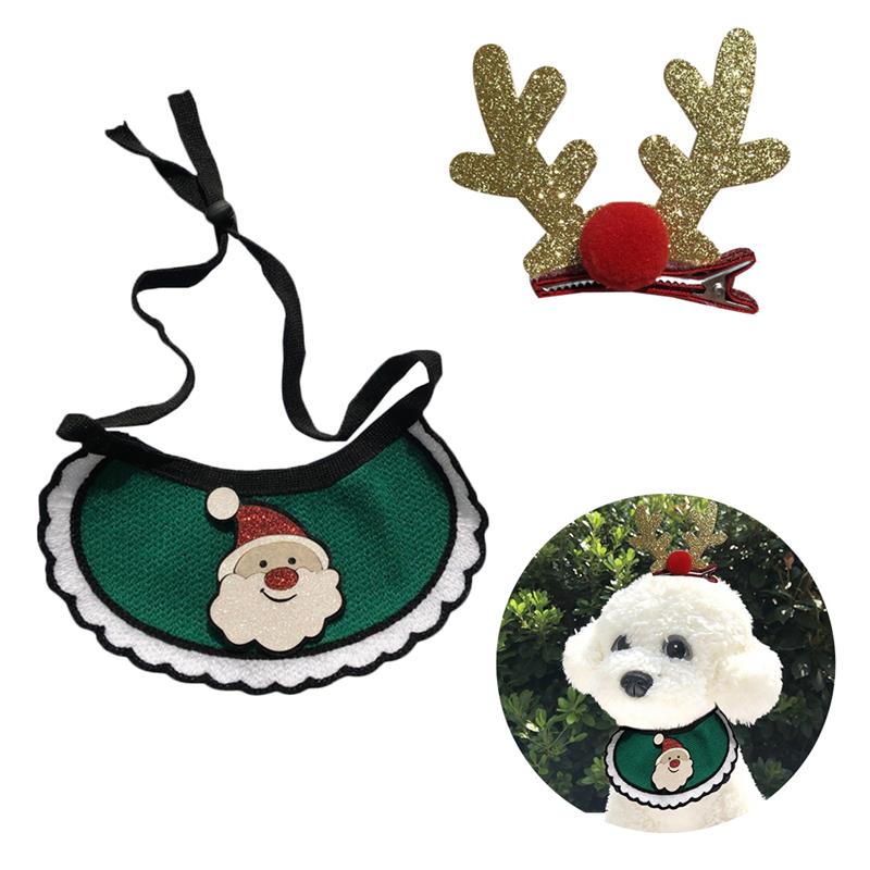 2Pcs/1Set Kerst Pet Bandana Leuke Hond Bandana Bib Huisdier Bib Puppy Halsdoek Met Hond Haar clip Huisdier Accesoires: Green Santa Claus