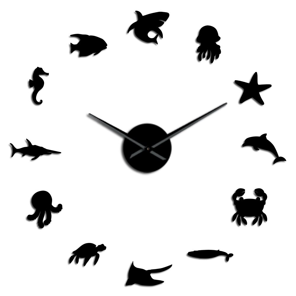 Reloj de pared de animales acuáticos para decoración de habitación de niños, pegatinas de espejo acrílico 3D DIY, mecanismo de cuarzo, vida marina, dormitorio: Black / 12  inch