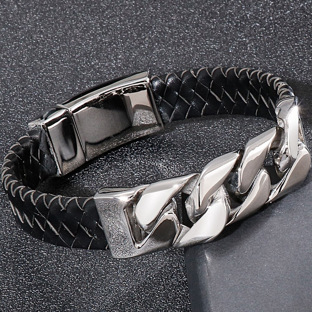 Men's Leather Bracelet 316L Stainless Steel Skull Head Curb Chain Charm Bracelets For Men Gothic Male Jewellery Mannen Armband