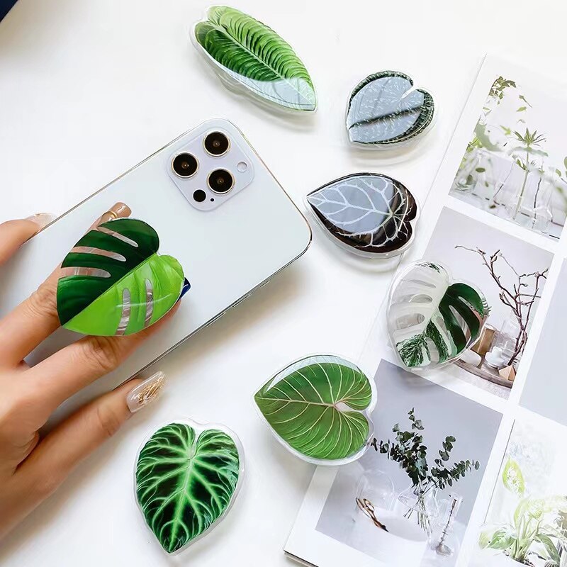 Cute Green Plants Leaves Universal Phone Holder Griptok Support For iPhone Grip Tok Folding Finger Stand Socket