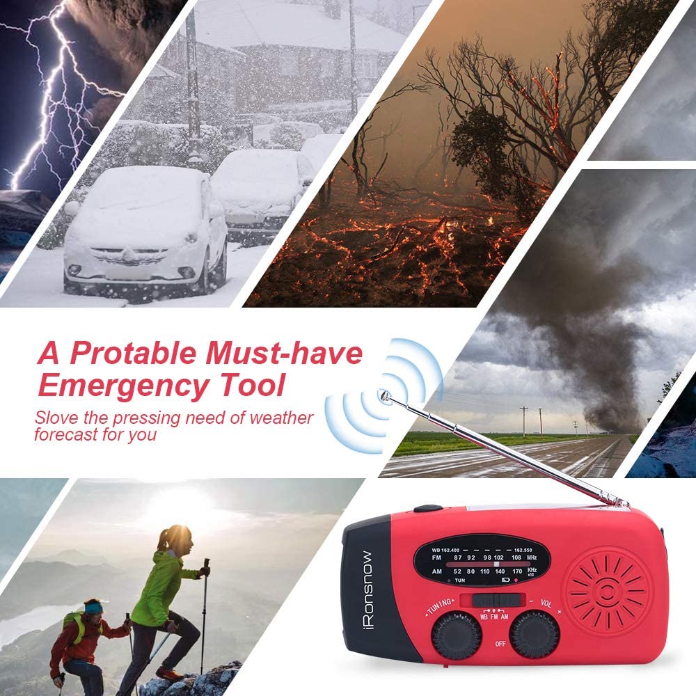 Solar Emergency NOAA Weather Radio Dynamo Self Powered AM FM WB Radios 3 LED Flashlight 1000mAh Smart Phone Charger Power Bank