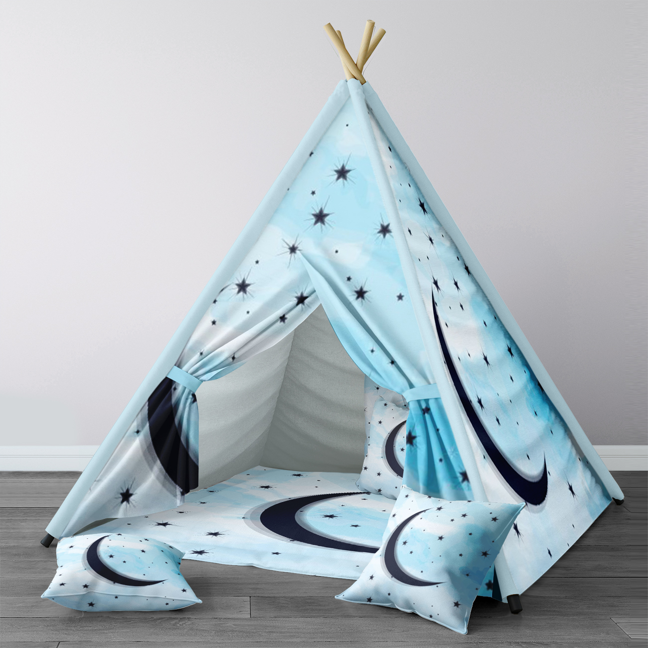 Spielzelt für kinder, wigwam, tragbares indoor-spielzelt für kinderzimmer, dunkelblaues mond-stern-modell 208