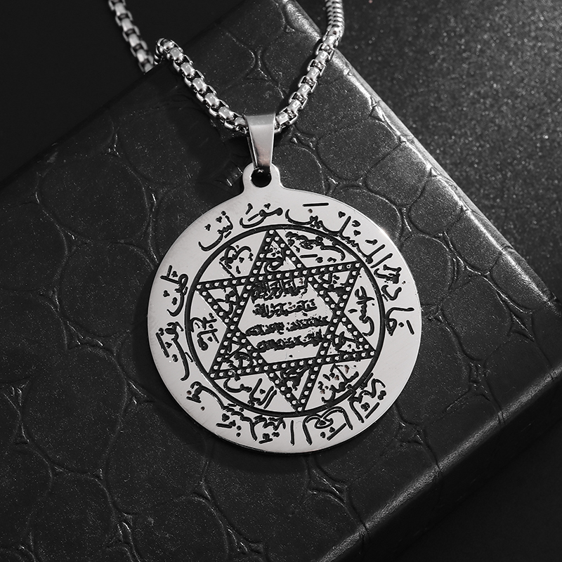 Collar con colgante de pentagrama de brujería misteriosa de acero inoxidable, amuleto de pentagrama con sello de salmón, joyería