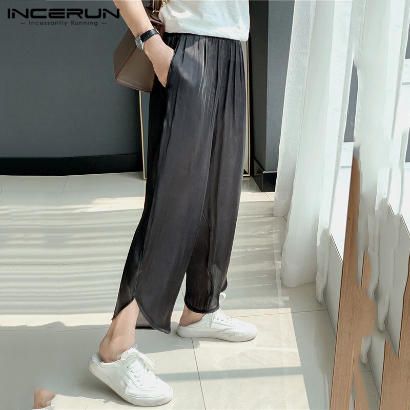 Incerun mænd afslappede løse bukser sommer joggers streetwear faux silke tynde bukser åndbare solide smarte pantalones hombre