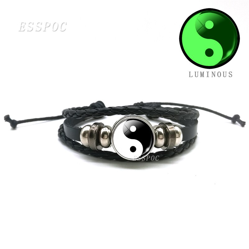 Mode Mannen Yin Yang Kat Lichtgevende Glazen Cabochon Drukknoop Armband Glow in Dark Yin Yang Zwart Lederen Armband: As show 1