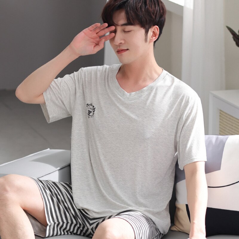Conjunto de pijama de talla grande 3XL para hombre, pantalones cortos de verano de dos piezas, ropa de dormir de manga corta de algodón, ropa de dormir a rayas para el hogar MY450