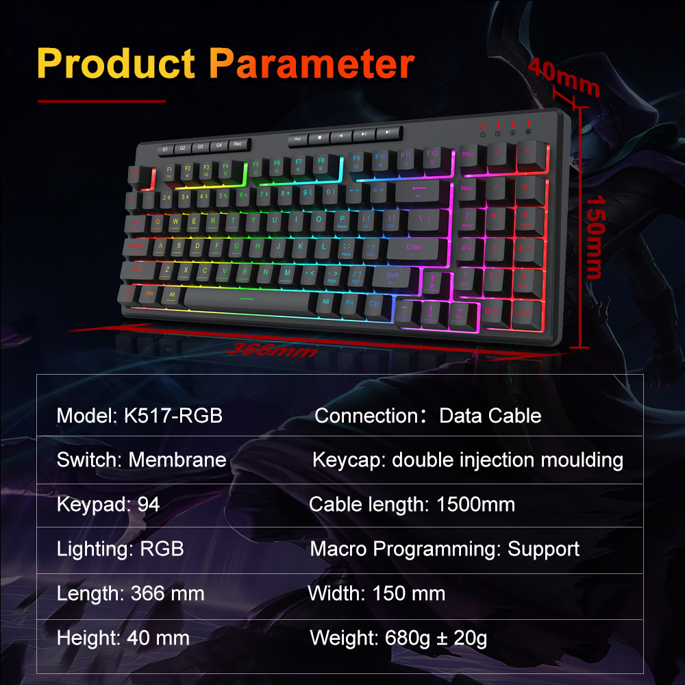 REDRAGON SHIVA K517 RGB USB RGB przewodowa membranowa klawiatura do gier 94 klawisze do komputera PC Laptop Gamer odpinany kabel