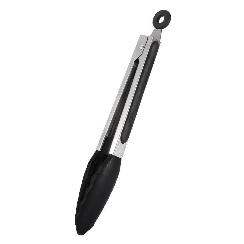 Hotec Premium Stainless Steel Locking with Silicon Tips Food Grade Silicone Tong Bread Serving Kitchen Tools BBQ: Black