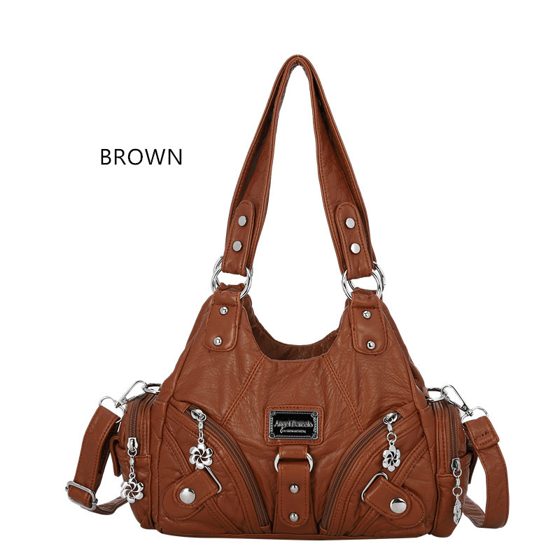 Women Vintage Purse Small Female Shoulder Bag Cute Tote Wash Faux Leather Handbag with Long Strap: brown