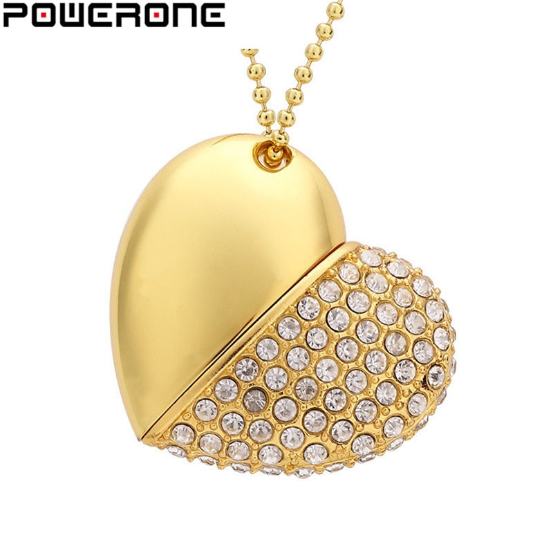 POWERONE cristal diamant coeur avec chaîne pendentif clé USB clé USB 64GB 16gb 32GB USB 2.0 collier mémoire bâton