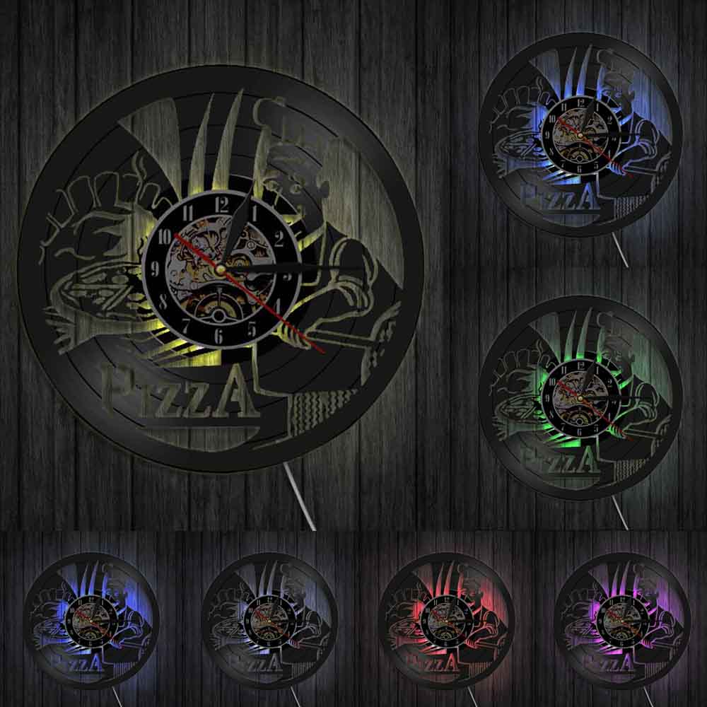 Pizza Shadow Art Clock Food Theme Vinyl Record Wall Clock Modern Kitchen Clock Wall Art Decor For Kitchen Room: With LED Light