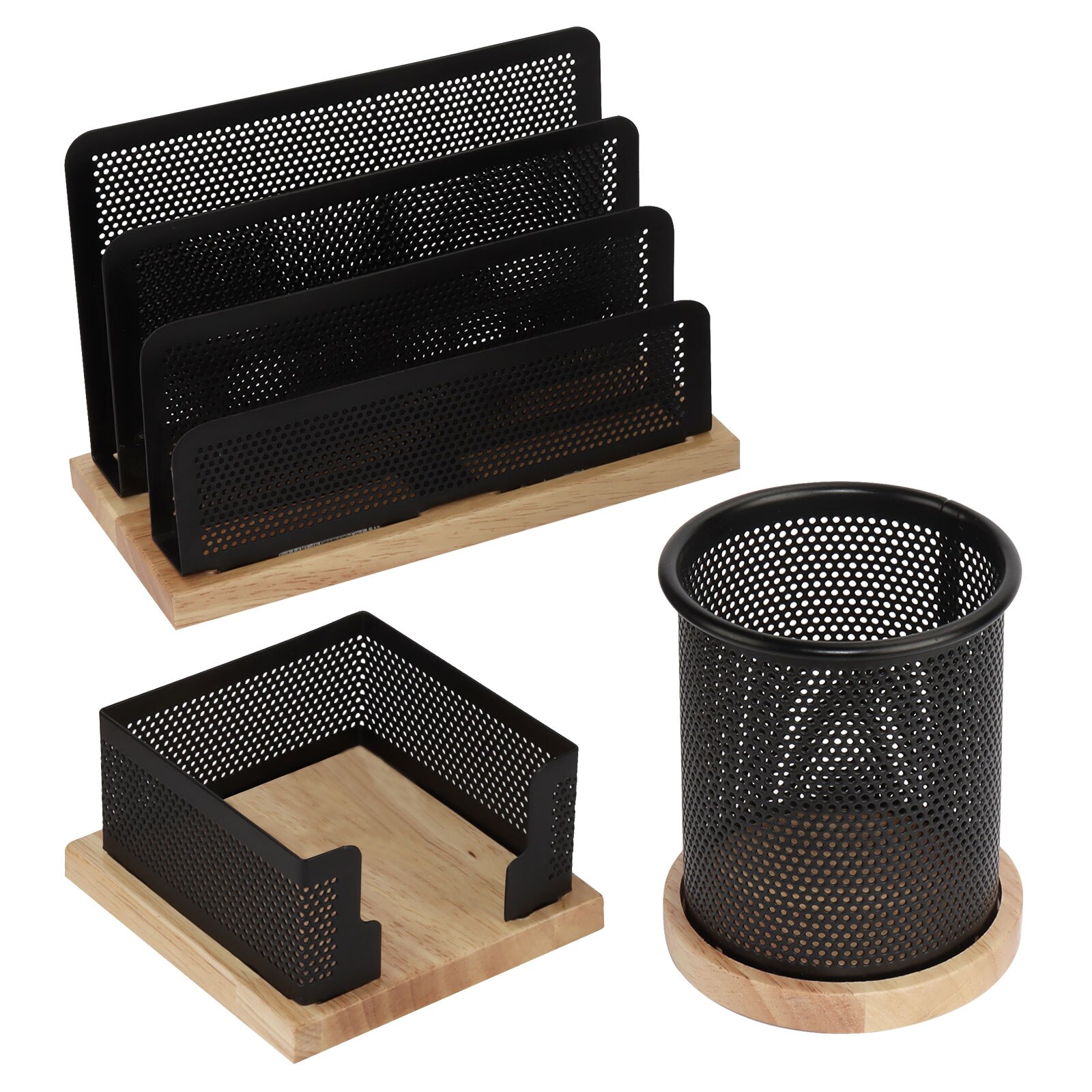 Wood Black Mesh Office Desk Organizer Set Pencil Pen Holder Sticky Notes Memo Holder Upright Stand Letter Sorter Mail Document