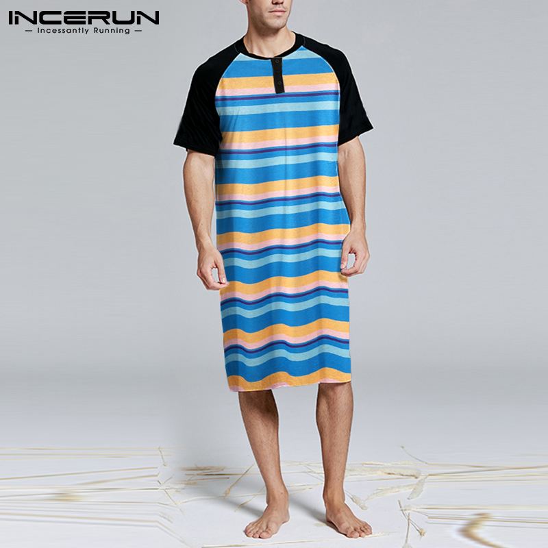 Men Robes Striped Patchwork O Neck Short Sleeve Leisure Bathrobe Homewear Nightgown Loose Cozy Men Loungewear S-5XL INCERUN