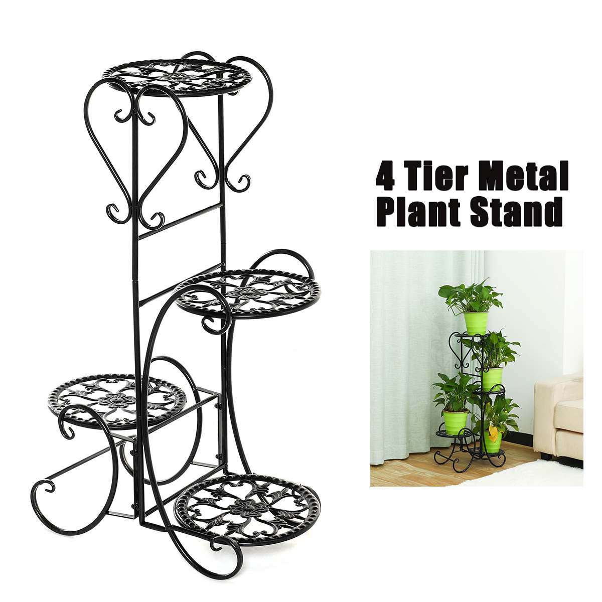 4 Tiers Flower Rack Plant Stand Multi Flower Stand Shelves Bonsai Display Shelf Yard Garden Patio Balcony Pot Plant Stands: Black