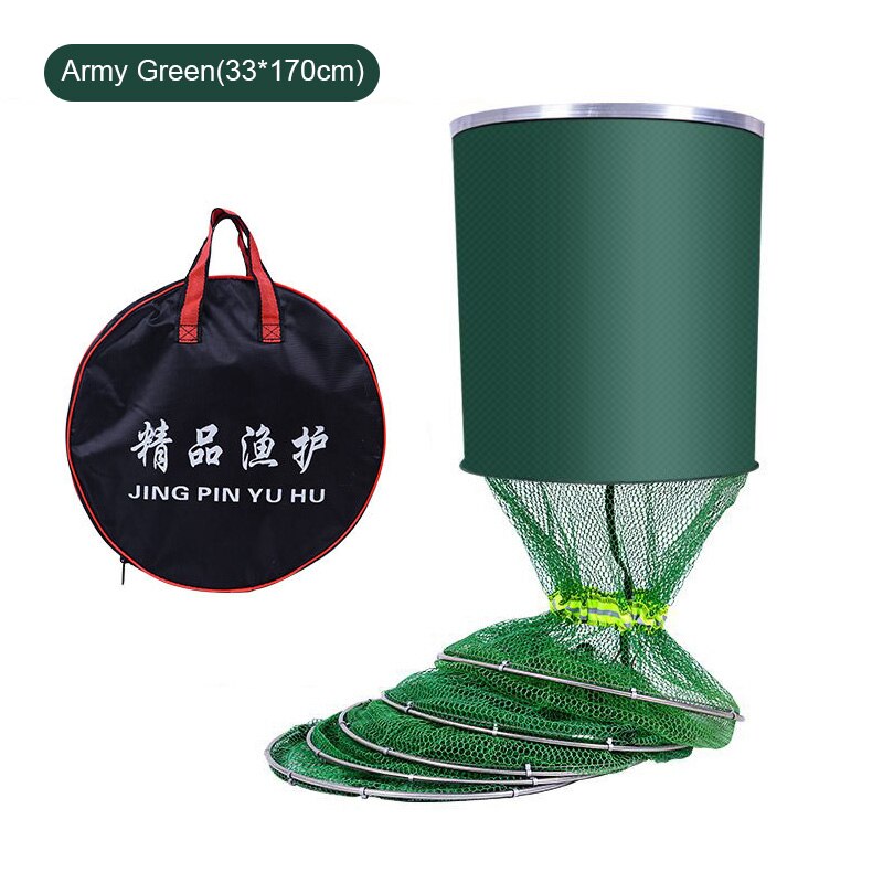 Fishing Net Collapsible Shrimp Bait Trap Dip Net Cage Keep Alive Nylon Mesh Stainless Steel Double-Loop Fish Accessories Bag: Army Green