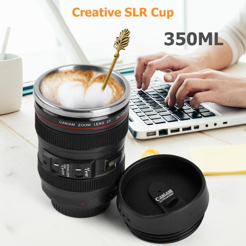 350mL caméra tasse à café lentille forme café thé tasse avec couvercle en acier inoxydable vide flacons isolation thermique tasse
