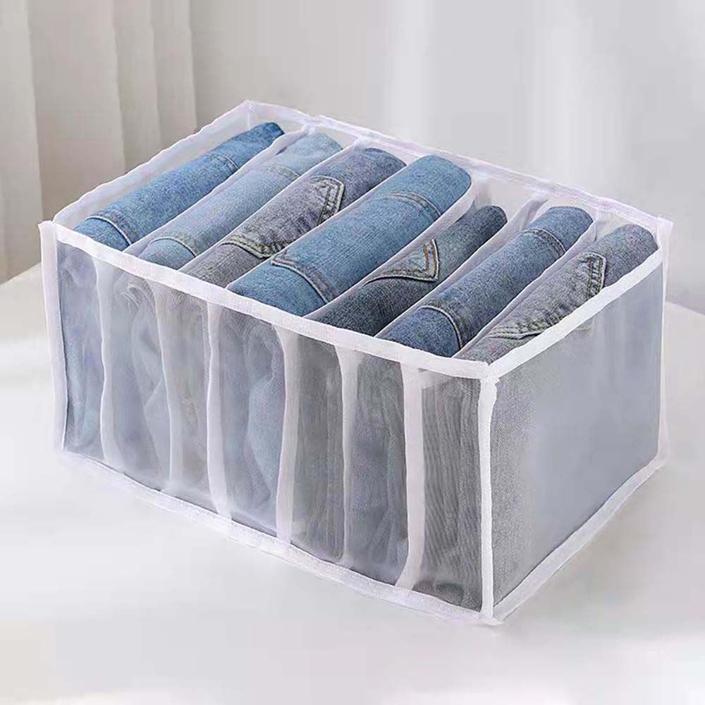 1 Pack Mesh Cloth Translucent Clothes Storage Artifact Home Wardrobe Drawer Underwear Jeans Compartment Storage Divider Bag: White-Jeans 7 Grid