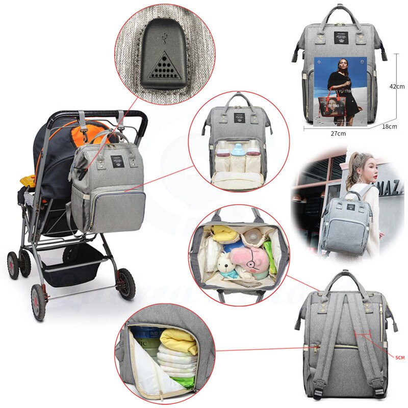 Diaper Bag Backpack Lequeen Large Baby Bag with Changing Pad Travel Back pack Built in USB Waterproof Maternity Bag