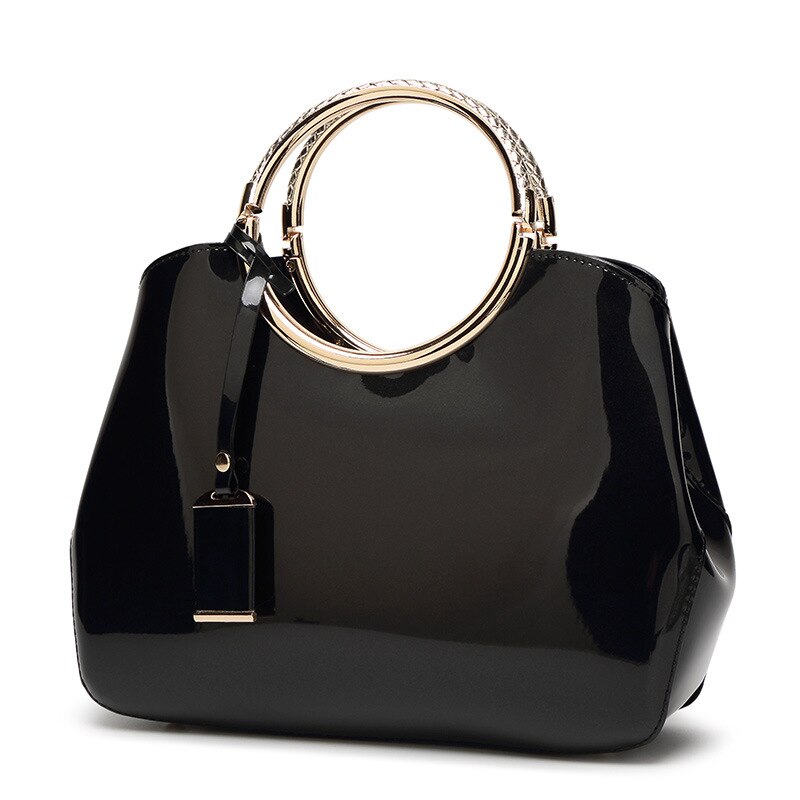 Saco de concha das mulheres 2019 nova moda europeia e americana couro patente um ombro saco do mensageiro textura rosto brilhante bolsa: Black