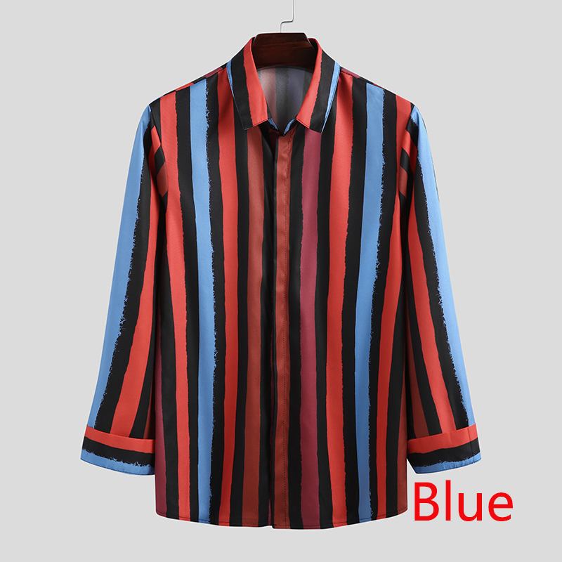 Incerun Herfst Gestreepte Shirts Heren Lange Mouwen Revers Camisa Causale Kleurrijke Knoppen Chemise Gezellige Streak Blouse Streetwear S-3XL: Blue / XXL