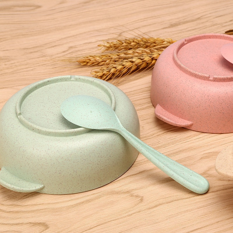 2pcs Baby Feeding Tableware Set Eco-Friendly Wheat Straw Infant Plate Children Dish Dinnerware Kids Anti Training Bowl+Spoon