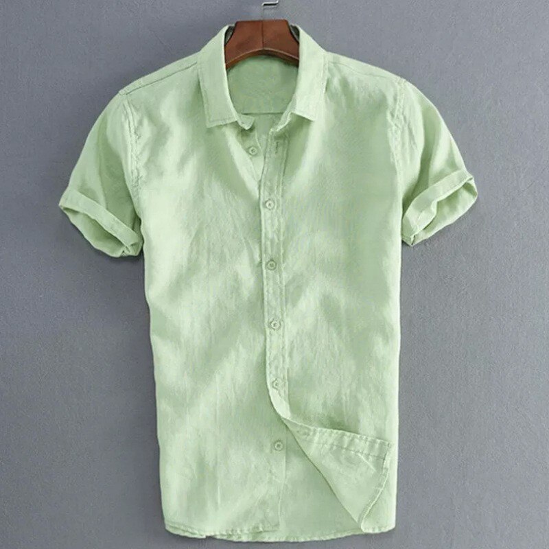 Menn fritidsskjorte i bomullslin herre hvite kortermede skjorter menn sommer ensfarget skjorte topper m -3xl: Grønn / Xxxl