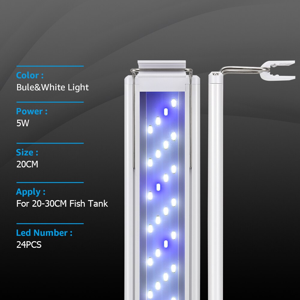 Svanur led akvarielys hvid og blå 20/40/60 cm udtrækbar clip on lampe akvarielys til ferskvandsplanter, der vokser: 20cm hvide og blå