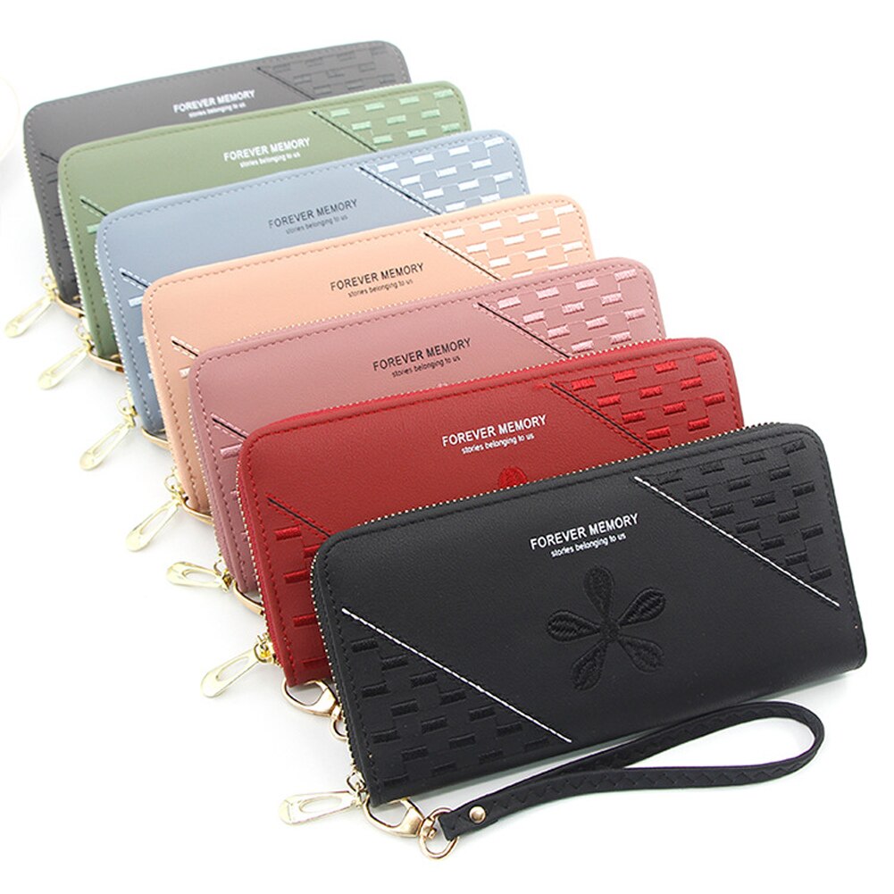 Women Embroidery Pattern Long Wallet with Zipper Ladies PU Leather Phone Purse Clutch Purse Card Holders