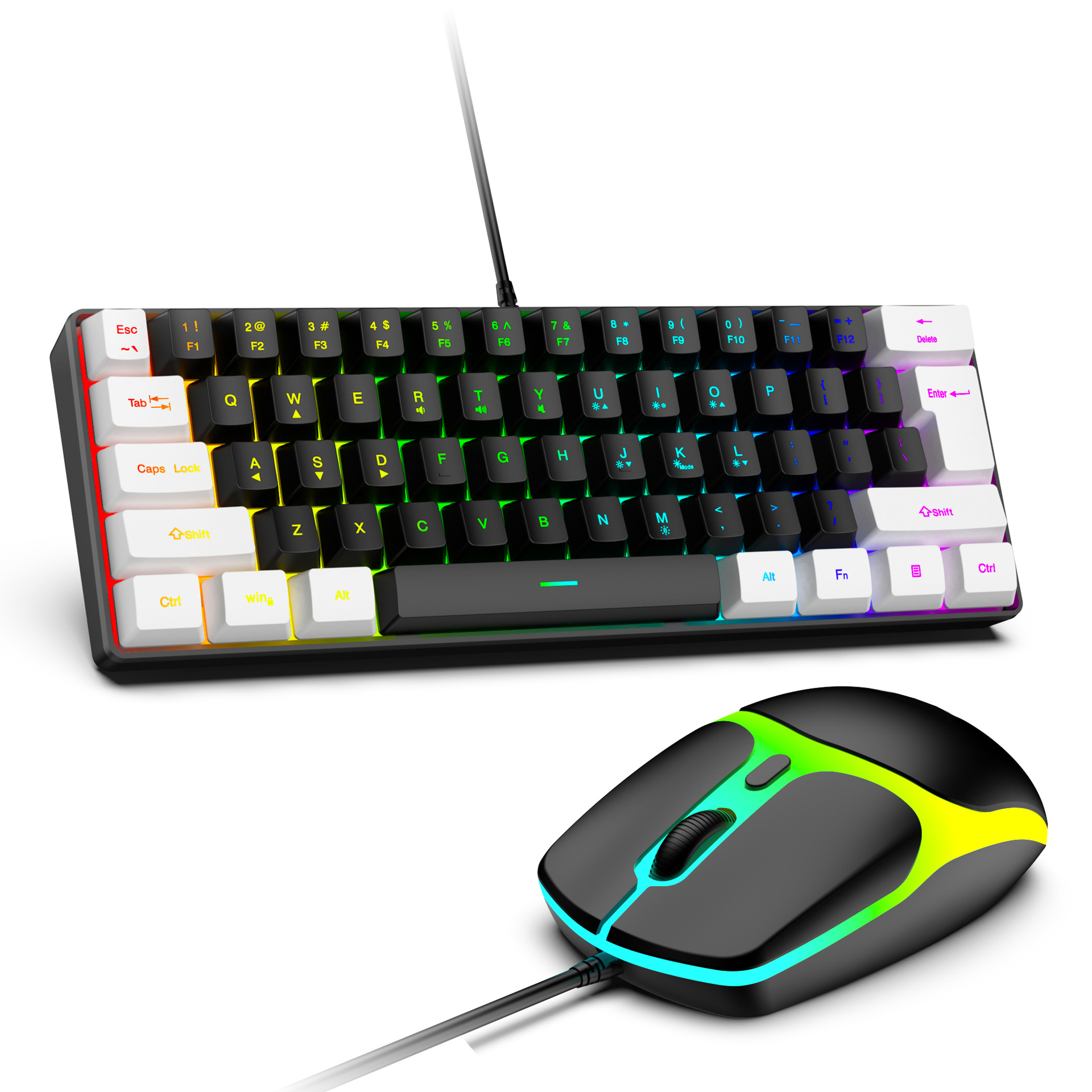 USB-verkabelte RGB-Gaming-Tastatur, 61 Tasten, weiß, schwarz, kompakte Mini-Bürotastatur und Maus für PC, Desktop-Computer, Gamer-Tastatur